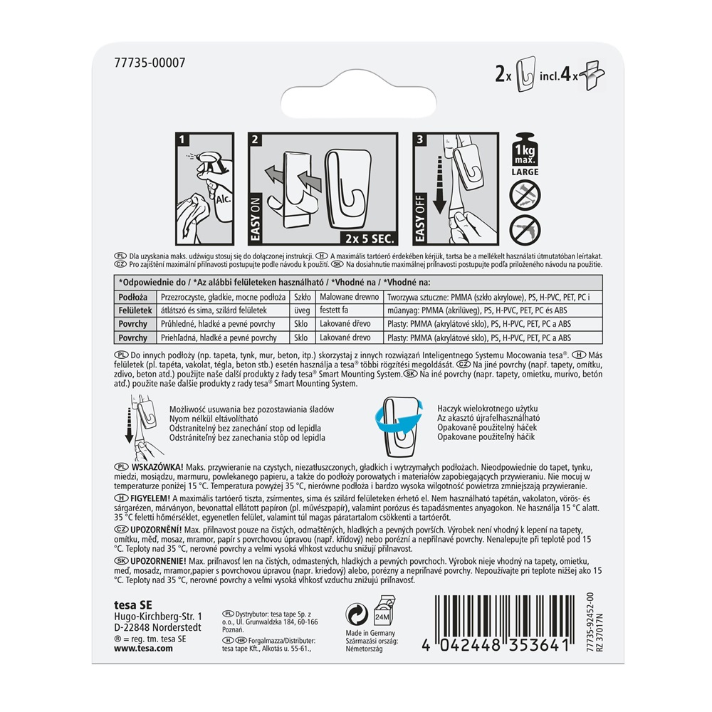 Akasztó öntapadós műanyag, 1 kg teherbírású 2 darab/bliszter Tesa Powerstrips átlátszó