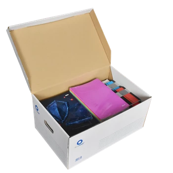 Archiváló konténer karton doboz fedeles 54x36x25cm, felfelé nyíló tetővel Bluering® fehér-kék