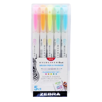 Ecsettoll készlet, kétvégű Zebra Mildliner Fluorescent, 5 különböző szín