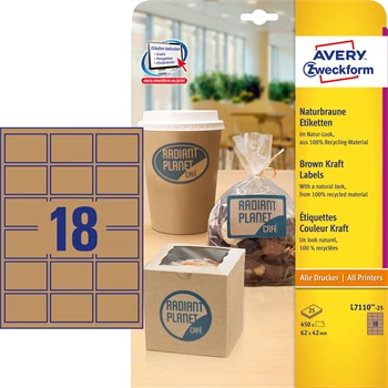 Etikett címke, 62 x42mm, környezetbarát 18 címke/lap, 25 lap/doboz, Avery barna