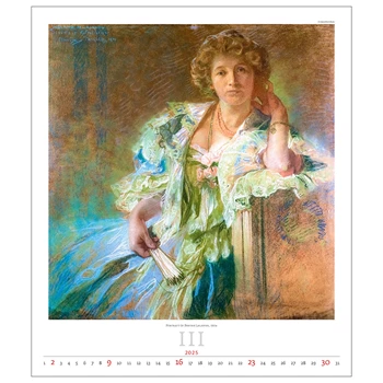 Falinaptár képes 450 × 520 mm, fehér lapokkal Alfons Mucha Dayliner 2025.