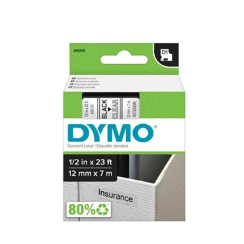 Feliratozógép szalag Dymo D1 S0720500/45010 12mmx7m, ORIGINAL, fekete/víztiszta 