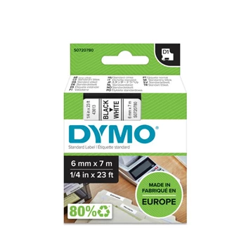 Feliratozógép szalag Dymo D1 S0720780/43613 6mmx7m, ORIGINAL, fekete/fehér 