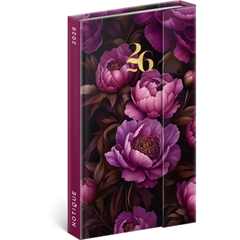 Határidőnapló mágnessel záródó, fehér lapokkal Purple Flowers 130x160 mm, Presco