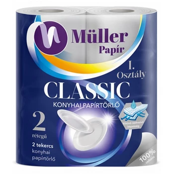 Háztartási papírtörlő 2 rétegű 50 lap/tekercs 2 tekercs/csomag Müller Classic hófehér