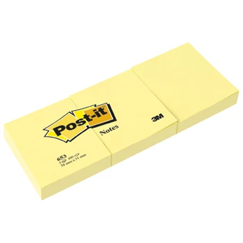 Jegyzettömb öntapadó, 38x51mm, 100lap, 3 tömb/csomag, 3M 653 Post-It, sárga