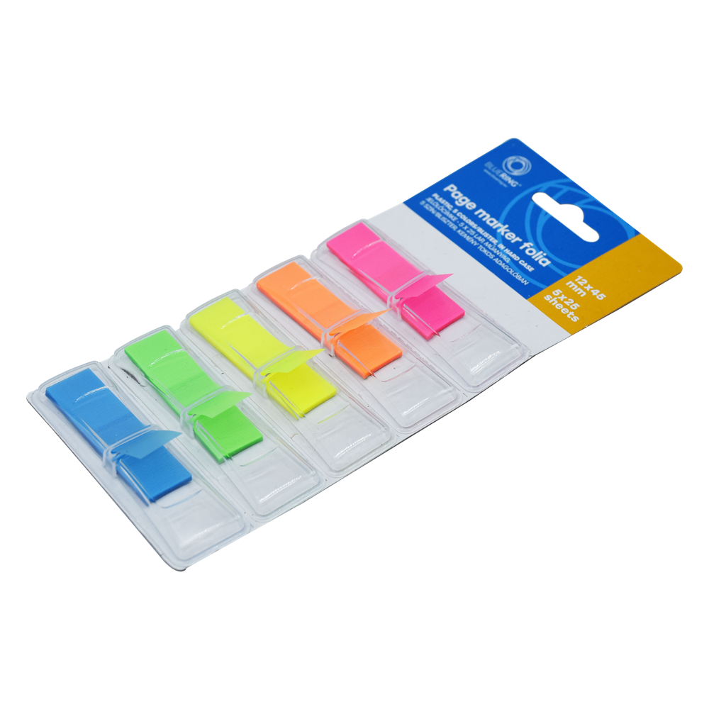 Jelölőcímke 12x45mm, 5x25lap, műanyag 5szín/bliszter, kemény tokos adagolóban Bluering®