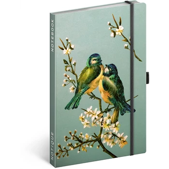 Keménytáblás notesz pontozott vonalozással krémszínű lapokkal leszorító gumiszalaggal Birds 130x210mm, Presco