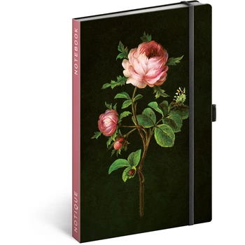 Keménytáblás notesz pontozott vonalozással krémszínű lapokkal leszorító gumiszalaggal Roses 130x210mm, Presco