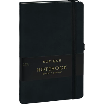 Keménytáblás notesz pontozott vonalozással krémszínű lapokkal leszorító gumiszalaggal Black 130x210mm, Presco