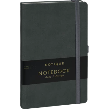 Keménytáblás notesz pontozott vonalozással krémszínű lapokkal leszorító gumiszalaggal Gray 130x210mm, Presco