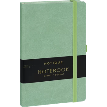 Keménytáblás notesz pontozott vonalozással krémszínű lapokkal leszorító gumiszalaggal Green 130x210mm, Presco