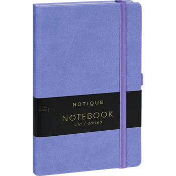 Keménytáblás notesz pontozott vonalozással krémszínű lapokkal leszorító gumiszalaggal Lila 130x210mm, Presco