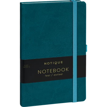 Keménytáblás notesz pontozott vonalozással krémszínű lapokkal leszorító gumiszalaggal Teal 130x210mm, Presco