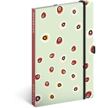 Keménytáblás notesz vonalas krémszínű lapokkal leszorító gumiszalaggal Dots  130x210mm, Presco