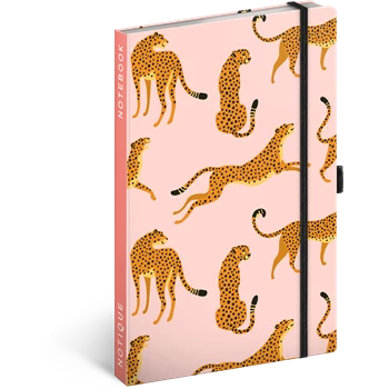 Keménytáblás notesz vonalas krémszínű lapokkal leszorító gumiszalaggal Leopards  130x210mm, Presco