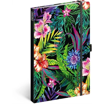 Keménytáblás notesz vonalas krémszínű lapokkal leszorító gumiszalaggal Tropical  130x210mm, Presco