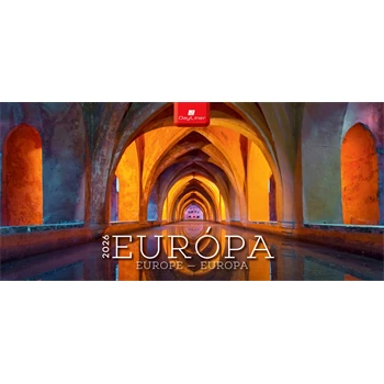 Képes asztali naptár Európa 320 x 150 mm, fehér lapokkal fekvő fehér karton tartóval Dayliner 2026.
