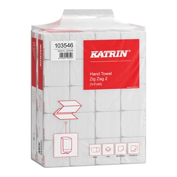 Kéztörlő 2 rétegű V hajtogatású 2 rétegű 200 lap/tekercs 20 csomag/karton Katrin Plus Zig Zag 2_103546 hófehér