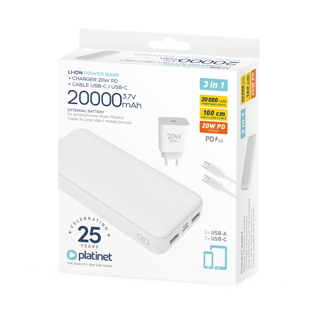 Powerbank szett 20000 mAh +20W PD töltő Platinet fehér