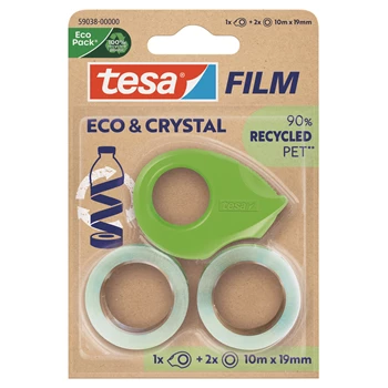 Ragasztószalag 19mmx10m irodai újrahasznosított 2 db víztiszta szalag+adagoló Tesa Eco & Crystal