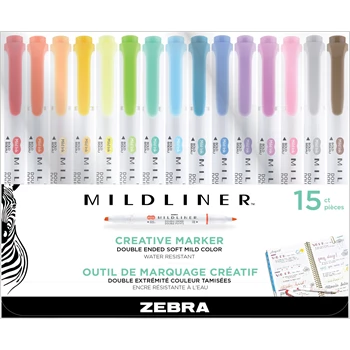 Szövegkiemelő készlet, 1,4/4 mm, kétvégű, Zebra Mildliner Highlighter, 15 különböző szín