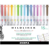 Szövegkiemelő készlet, 1,4/4 mm, kétvégű, Zebra Mildliner Highlighter, 15 különböző szín