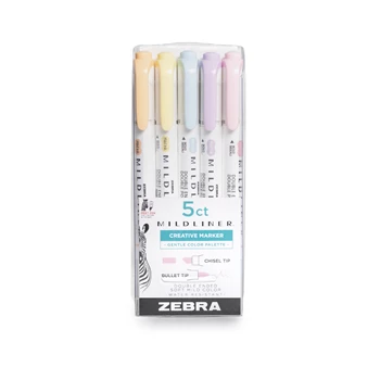 Szövegkiemelő készlet, 1,4/4 mm, kétvégű, Zebra Mildliner Highlighter Gentle, 5 különböző szín