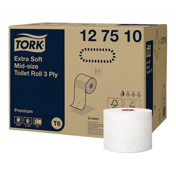 Toalettpapír 3 rétegű duplatekercses átmérő: 13,2 cm 70 m/tek 27 tekercs/karton Premium Mid-size T6 Tork_127510 fehér