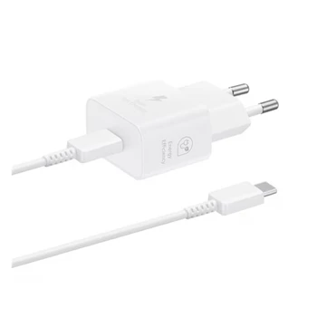 Töltő hálózati SAMSUNG Type-C aljzat (25W, GaN, PD gyorstöltő + Type-C kábel) fehér